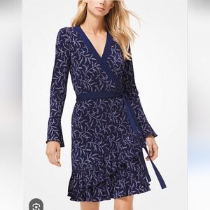 Michael Kors Navy Patterned Long Sleeve Wrap Dress